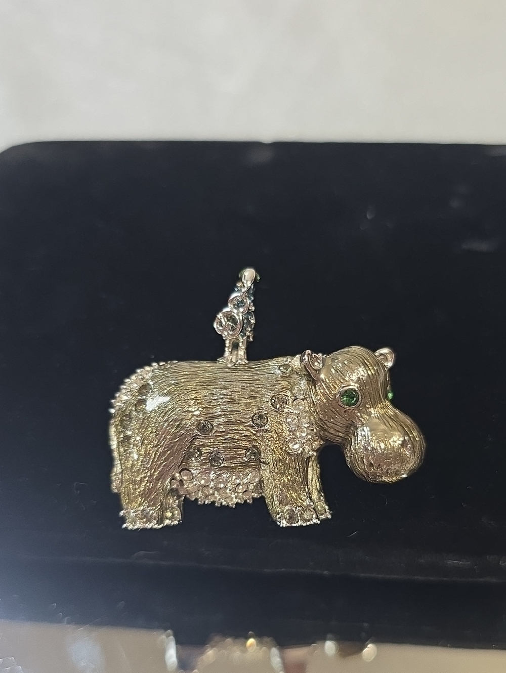 Vintage St John Silver Hippo Crystal & Enamel Figural Brooch With Small Bird